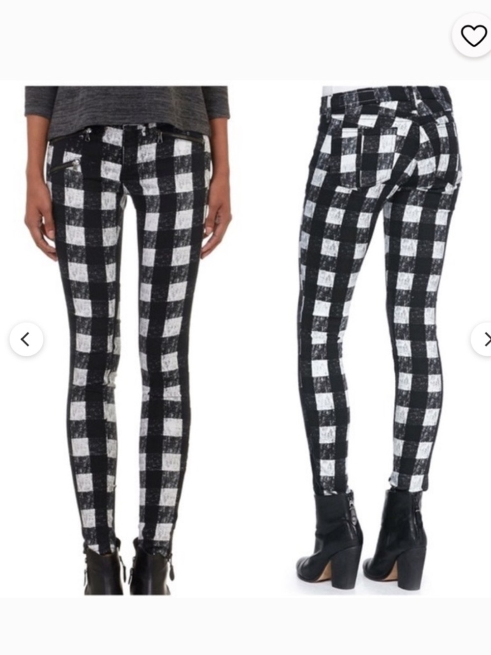 Rag & Bone Buffalo Check Skinny Jeans Black White gray Plaid Zip Pockets 27